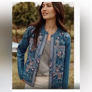 J Jill Embroidered Open Front Lightweight Blue Chambray Jacket Size XL